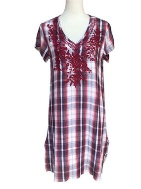 Kyla Seo Handmade Plaid Embroidered Cotton V Neck Shift Dress NEW